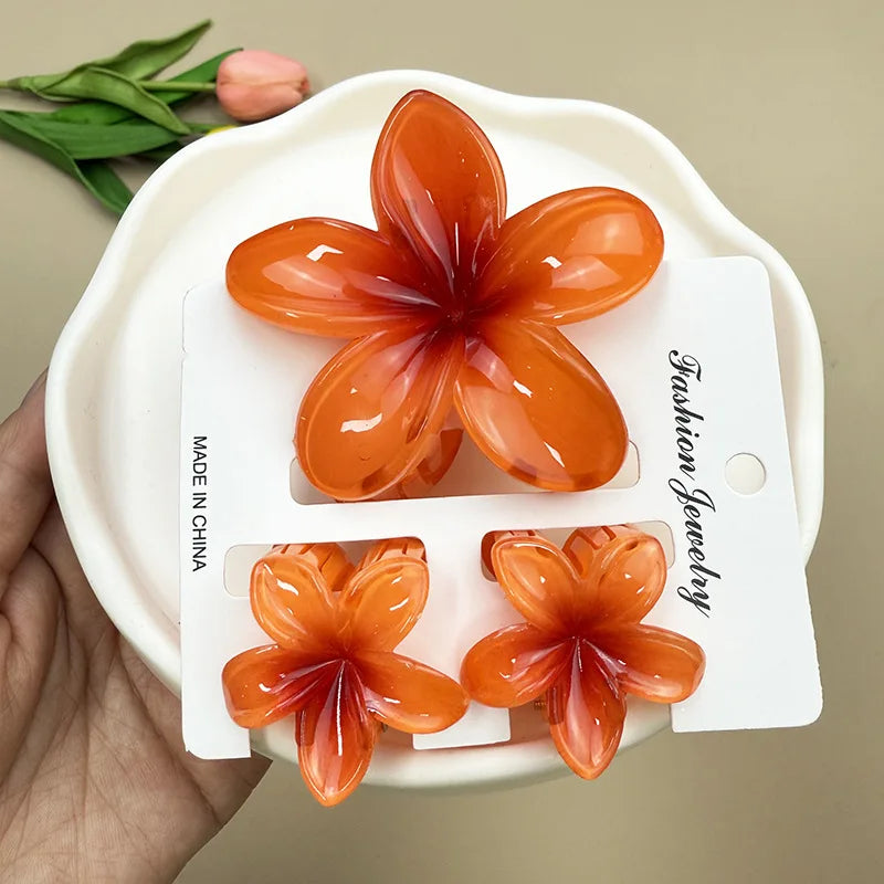 3Pcs Sweet Colorful Plumeria Flower Shark Clip Hair Claw Bohemian Ponytail Clip Plastic Hairpin Barrette Summer Hair Accessories
