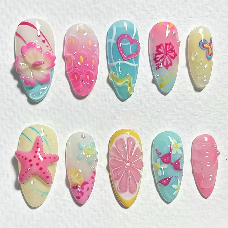30Pcs Almond False Nails Tips Summer Beach Colorful Nails Sets with Pearl Flower Design Press on Nails Art Wearable Fake Nail