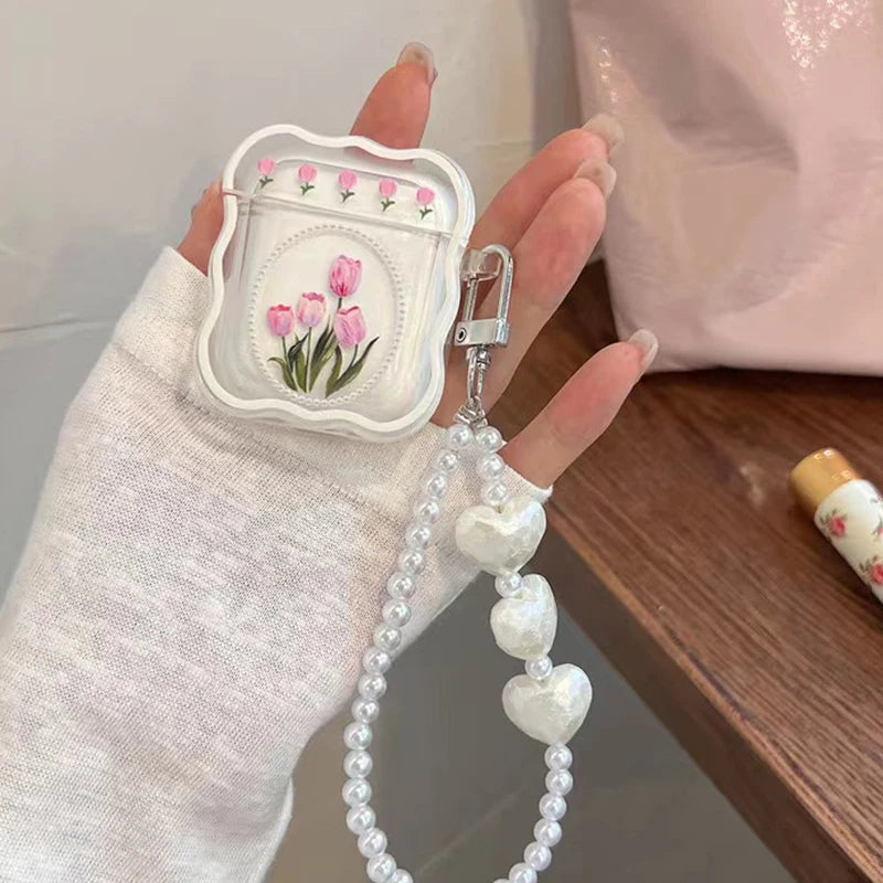 Korean Cute 3D Pink Star Wavy Border Headphones Case For AirPods 1 2 3 With Love Heart Bead Pendant Soft Cover For AirPods Pro 2