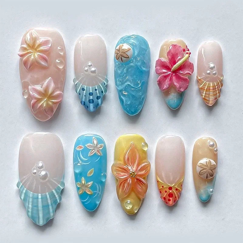 24Pcs Pink Almond False Nails Sweet Summer Fake Nail Cute Flowers Pearl Nails Press Ons Colorful Monet Press on Nails for Girls