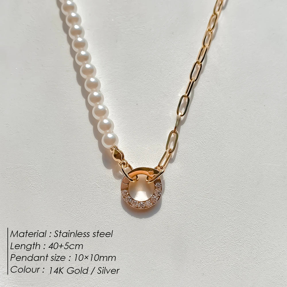 eManco Charm Necklace Heart Lock Link Pearl Chain for Handmade DIY Pendant Accessory Stainless Steel Women's Waterproof Jewelry