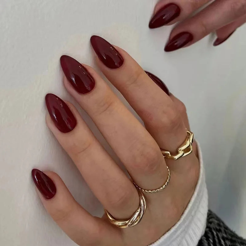 24pcs Burgundy Almond Press on Nail Water Drop Solid Color False Nails Cat Eye Various style Detachable and Wearable Nail Art