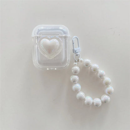 Simple Laser Pearl Heart Earphone Case for AirPods 2 Pro 3 Generation Headset Charging Box Protect Cover for Air Pods Keychain