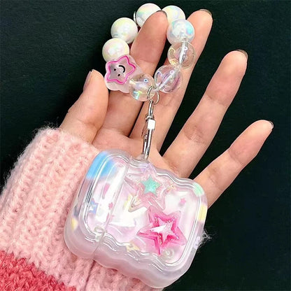 Korean Cute 3D Pink Star Wavy Border Headphones Case For AirPods 1 2 3 With Love Heart Bead Pendant Soft Cover For AirPods Pro 2