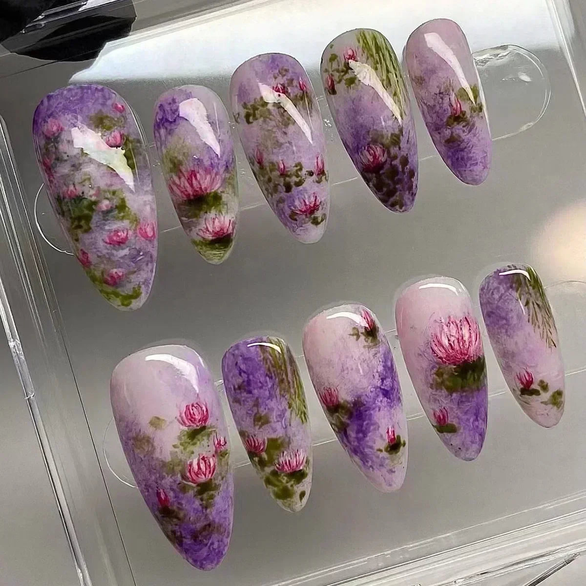 24Pcs Pink Almond False Nails Sweet Summer Fake Nail Cute Flowers Pearl Nails Press Ons Colorful Monet Press on Nails for Girls