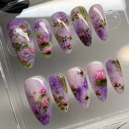 24Pcs Pink Almond False Nails Sweet Summer Fake Nail Cute Flowers Pearl Nails Press Ons Colorful Monet Press on Nails for Girls