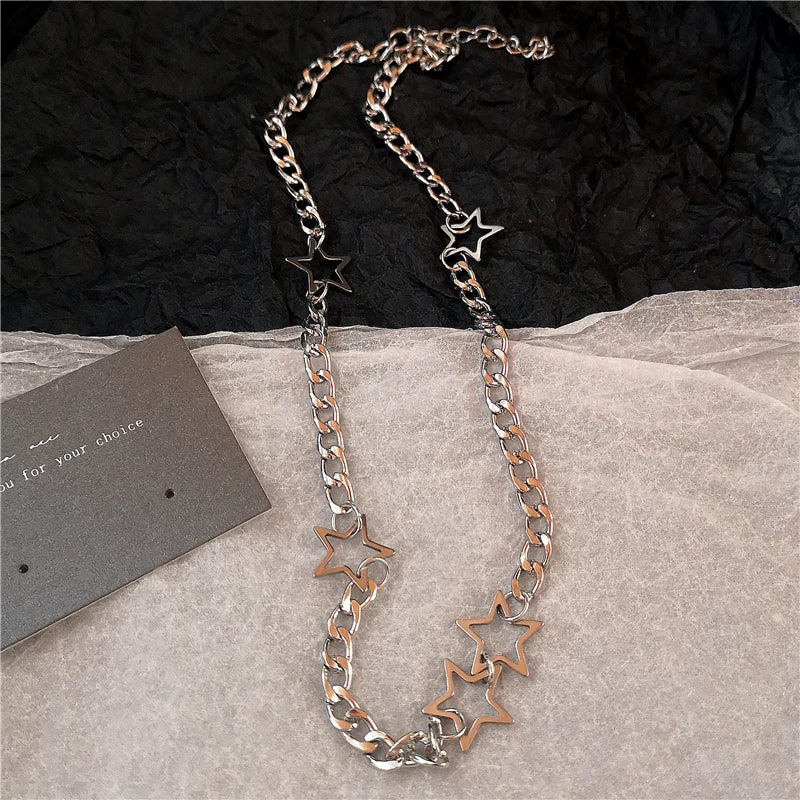 Kpop Y2K Trendy Star Moon Cross Silver Color Choker Chain Necklace Pendant Neck For Women Men Charm Grunge Punk Fashion Jewelry