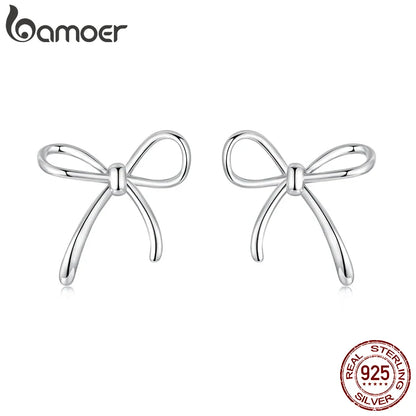 BAMOER Solid 925 Sterling Silver Bow Stud Earrings for Women Hypoallergenic Daily Party Gift Trendy Silver Jewelry SCE1924