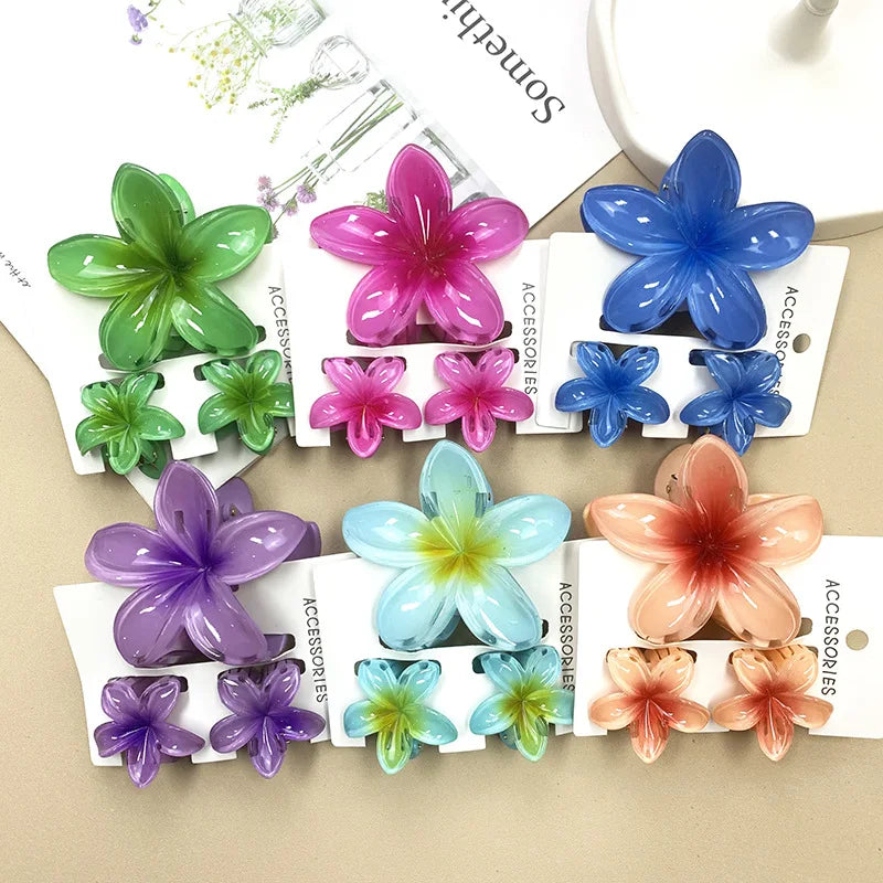 3Pcs Sweet Colorful Plumeria Flower Shark Clip Hair Claw Bohemian Ponytail Clip Plastic Hairpin Barrette Summer Hair Accessories