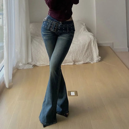 Low Waist Slimming Fashionable Design Jeans Bell Bottoms Washed Elastic Denim Micro Flared Trousers Versatile Stylish 2025