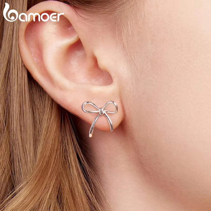 BAMOER Solid 925 Sterling Silver Bow Stud Earrings for Women Hypoallergenic Daily Party Gift Trendy Silver Jewelry SCE1924