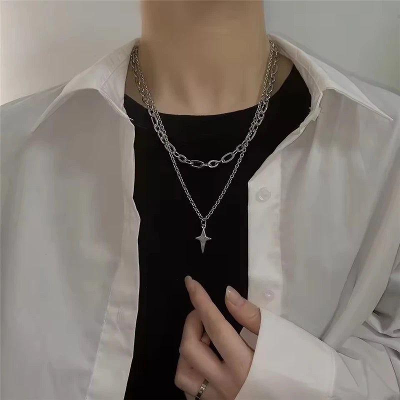 Kpop Y2K Trendy Star Moon Cross Silver Color Choker Chain Necklace Pendant Neck For Women Men Charm Grunge Punk Fashion Jewelry
