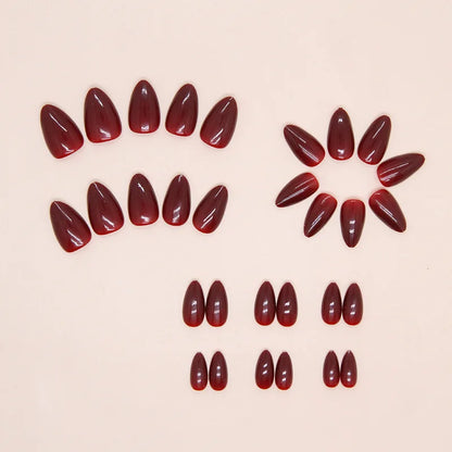 24pcs Burgundy Almond Press on Nail Water Drop Solid Color False Nails Cat Eye Various style Detachable and Wearable Nail Art