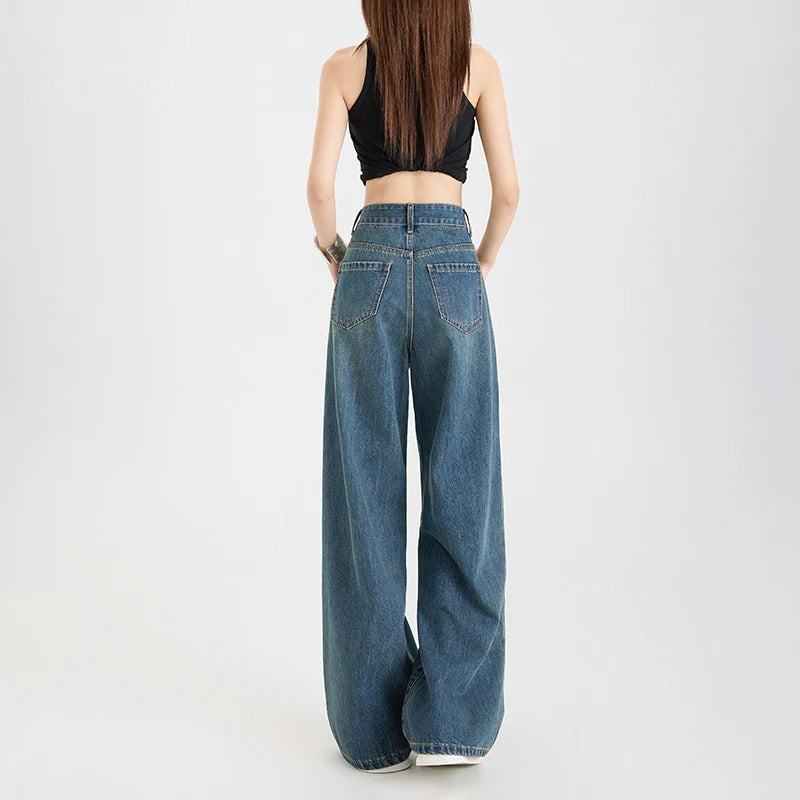 Woman Jeans High Waist Wide Leg Cotton Denim Clothing Design Sense Straight Pant Fashion Comfort White Retro Blue Casual Trouser