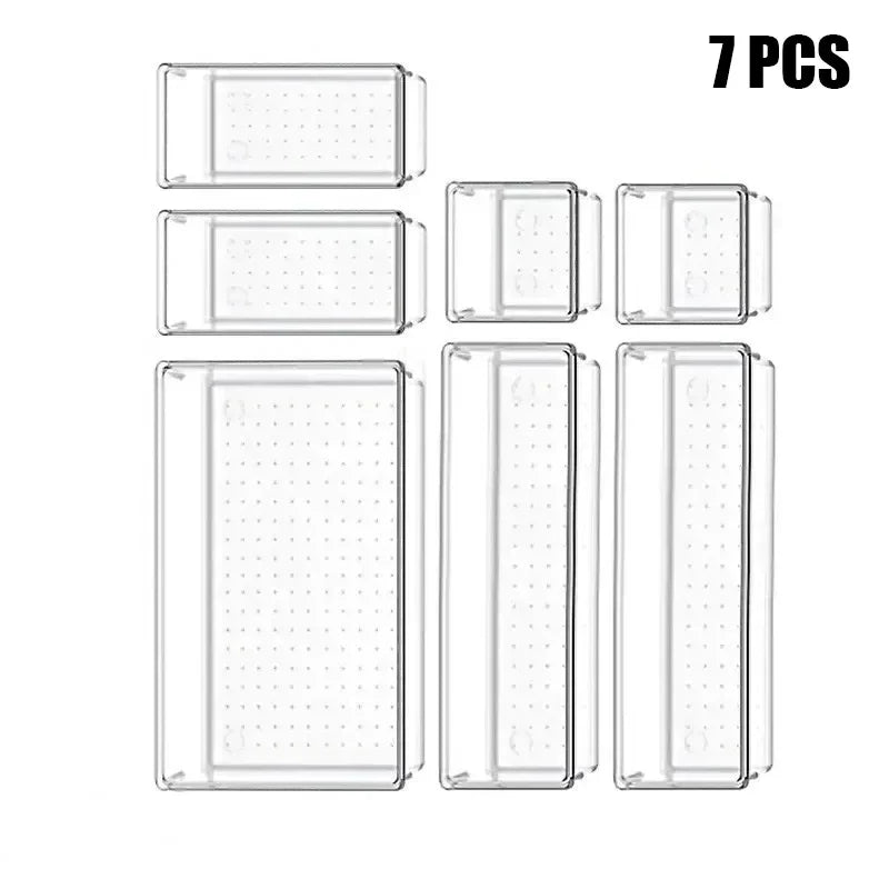 4/7-Piece Versatile Drawer Organizer Set - Clear Plastic Trays and Dividers in 4 Sizes for Perfect Makeup and Kitchen Storage