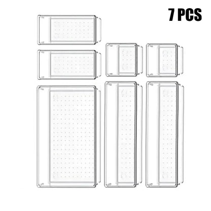 4/7-Piece Versatile Drawer Organizer Set - Clear Plastic Trays and Dividers in 4 Sizes for Perfect Makeup and Kitchen Storage