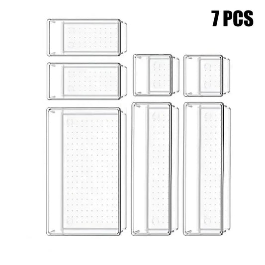 4/7-Piece Versatile Drawer Organizer Set - Clear Plastic Trays and Dividers in 4 Sizes for Perfect Makeup and Kitchen Storage