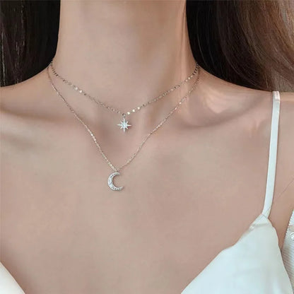 925 Silver Necklace for Women Double Layer Zircon Star Moon Pendant Necklace Delicate Chain Charm Elegant Fashion Jewelry Gifts