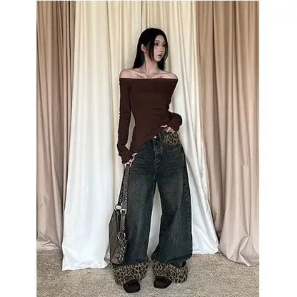 Retro Leopard Print Y2k Jeans for Women Harajuku Wide Leg Pants 2025 New Bottoms Denim Trousers Casual Straight Fashion Trousers