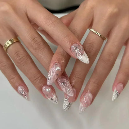 24Pcs Pink Almond False Nails Sweet Summer Fake Nail Cute Flowers Pearl Nails Press Ons Colorful Monet Press on Nails for Girls
