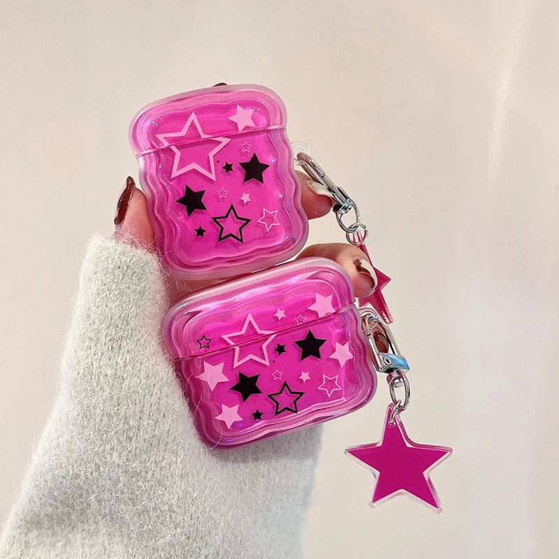 Korean Cute 3D Pink Star Wavy Border Headphones Case For AirPods 1 2 3 With Love Heart Bead Pendant Soft Cover For AirPods Pro 2