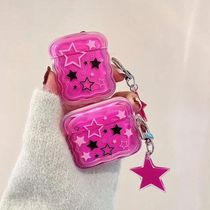 Korean Cute 3D Pink Star Wavy Border Headphones Case For AirPods 1 2 3 With Love Heart Bead Pendant Soft Cover For AirPods Pro 2