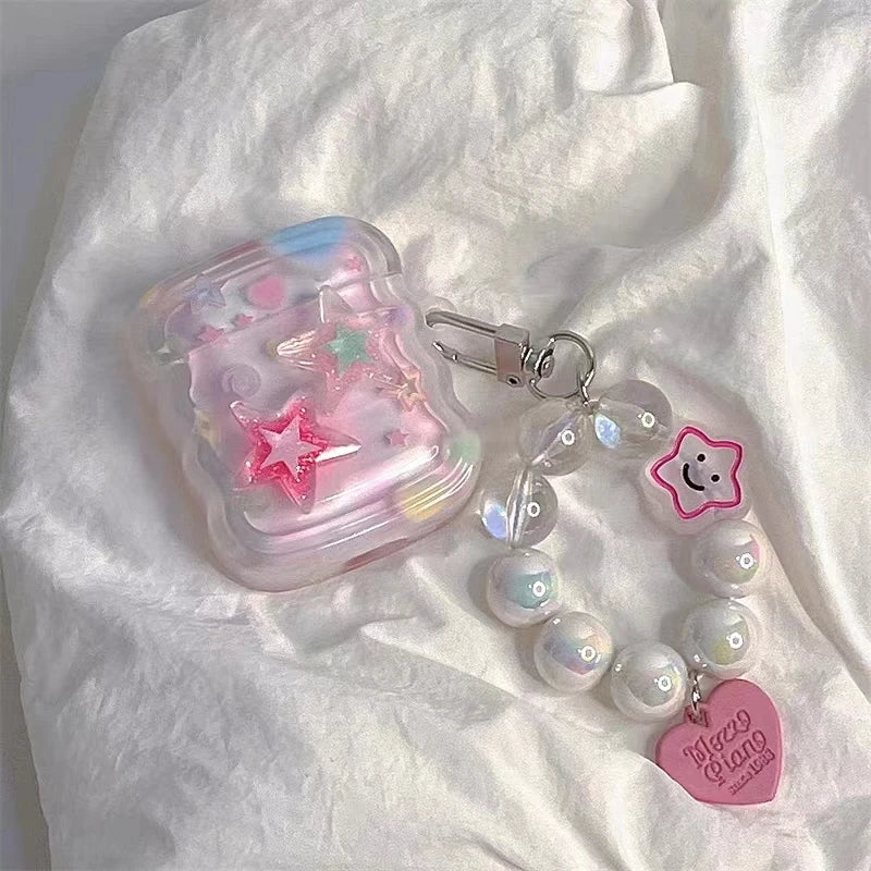 Korean Cute 3D Pink Star Wavy Border Headphones Case For AirPods 1 2 3 With Love Heart Bead Pendant Soft Cover For AirPods Pro 2
