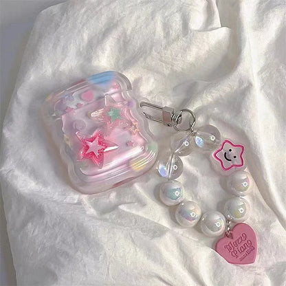 Korean Cute 3D Pink Star Wavy Border Headphones Case For AirPods 1 2 3 With Love Heart Bead Pendant Soft Cover For AirPods Pro 2