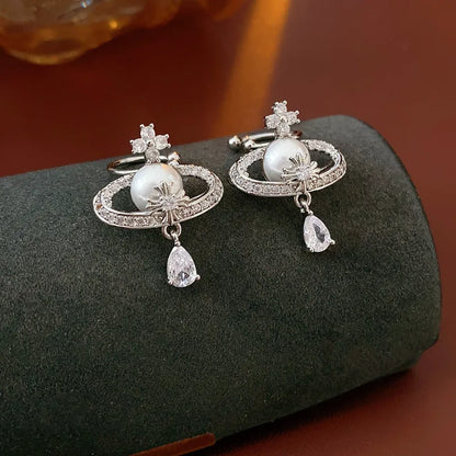 Zircon Water Drop Pearl Earring for Women French Retro No Ear Hole Clip Earrings Light Luxury Wedding Bride Jewelry