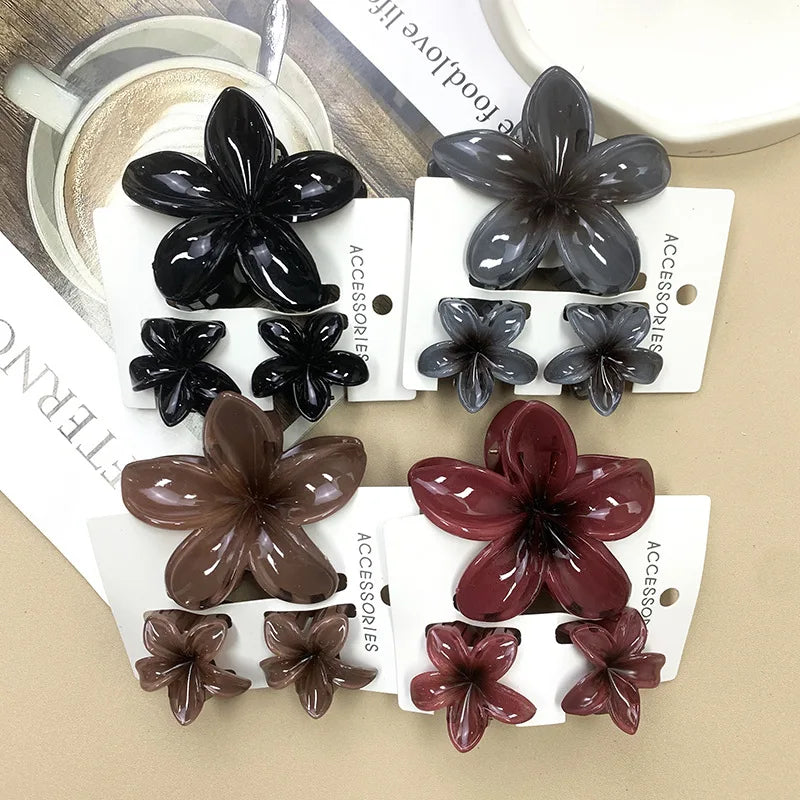 3Pcs Sweet Colorful Plumeria Flower Shark Clip Hair Claw Bohemian Ponytail Clip Plastic Hairpin Barrette Summer Hair Accessories
