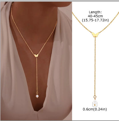 Stainless Steel Lariat Necklace Gold Plated, Dainty Long Necklace Laryered Necklaces For Women Girls, Y Shape Drop Pendant