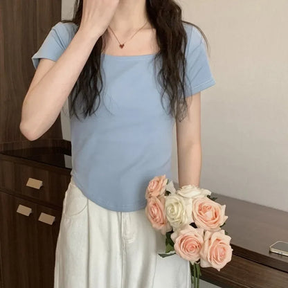 2025 Summer New Korean Style Short Sleeve Women's T-shirt Slimming U-neck Top Direct From Manufacturer Slimming Design Women's