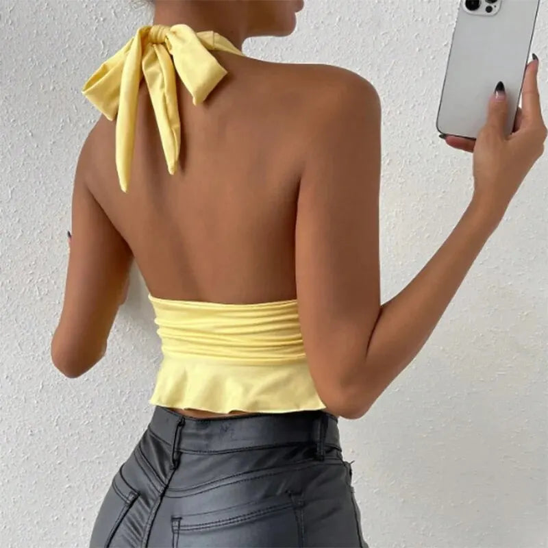 Women's Sexy Tight Fitting Deep V-neck Pleated Top Tight Fitting 2024 Spring Beach Resort Nightclub New Model Women's Sexy Tigh