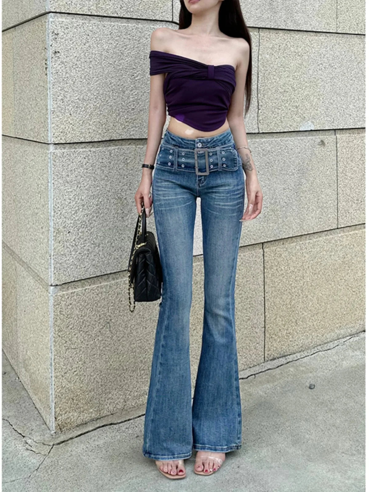 Low Waist Slimming Fashionable Design Jeans Bell Bottoms Washed Elastic Denim Micro Flared Trousers Versatile Stylish 2025