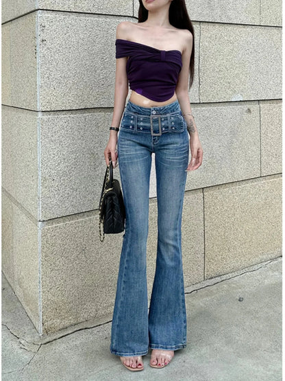 Low Waist Slimming Fashionable Design Jeans Bell Bottoms Washed Elastic Denim Micro Flared Trousers Versatile Stylish 2025