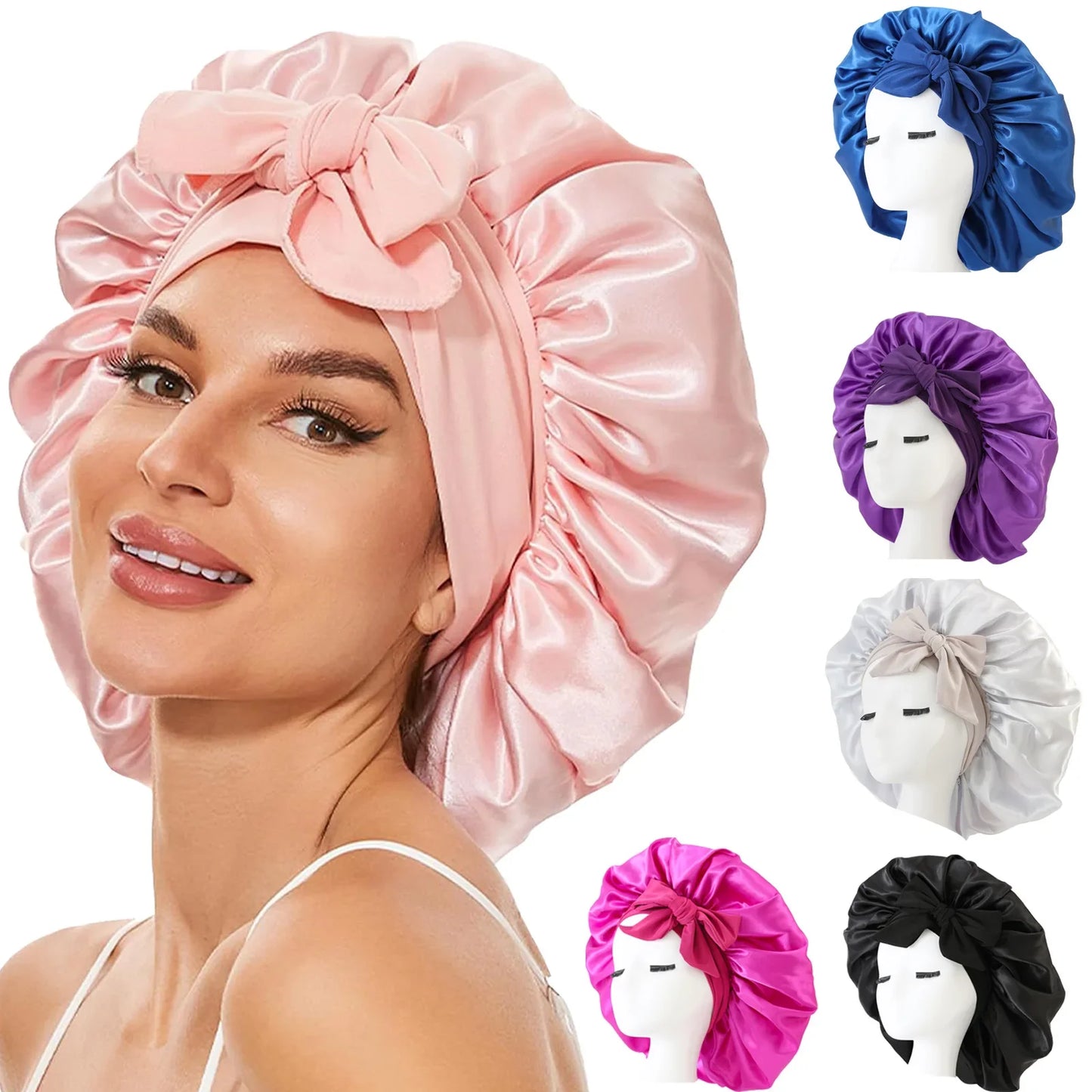 Women's Fashion Bonnet Solid Color Wide Edge Two Tails Elastic Silk Smooth Tiny Tie Sports Daily Home Casual Hair Hat Sleep