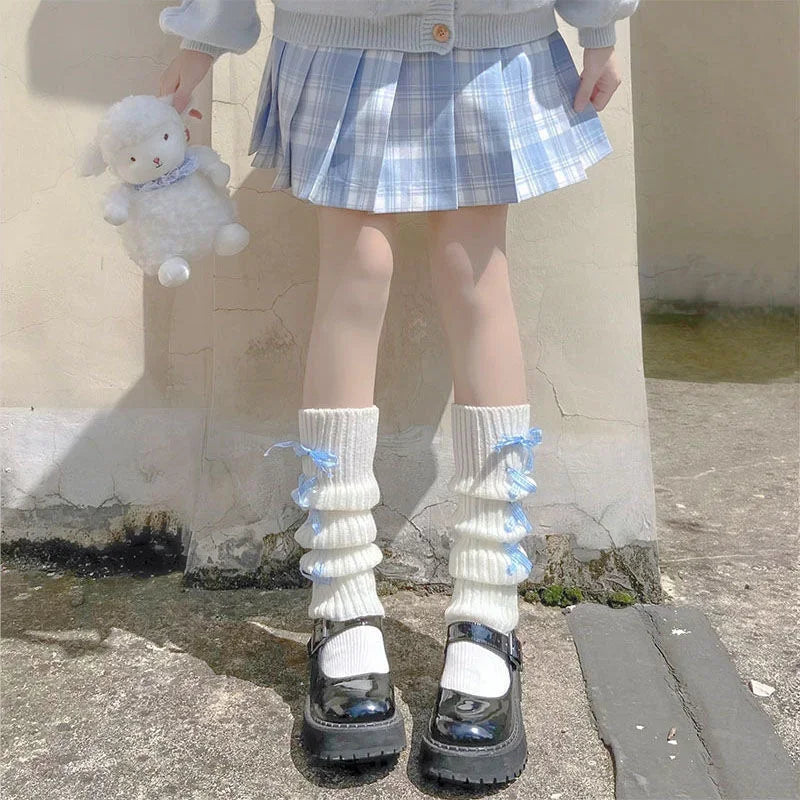Ribbon Bow Leg Warmers Japanese Style Lolita Long Socks Women Gothic Legging Gaiters Knee Goth Winter Knitted Cuffs Ankle Warmer