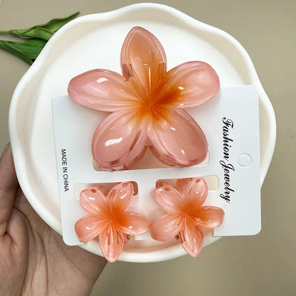 3Pcs Sweet Colorful Plumeria Flower Shark Clip Hair Claw Bohemian Ponytail Clip Plastic Hairpin Barrette Summer Hair Accessories