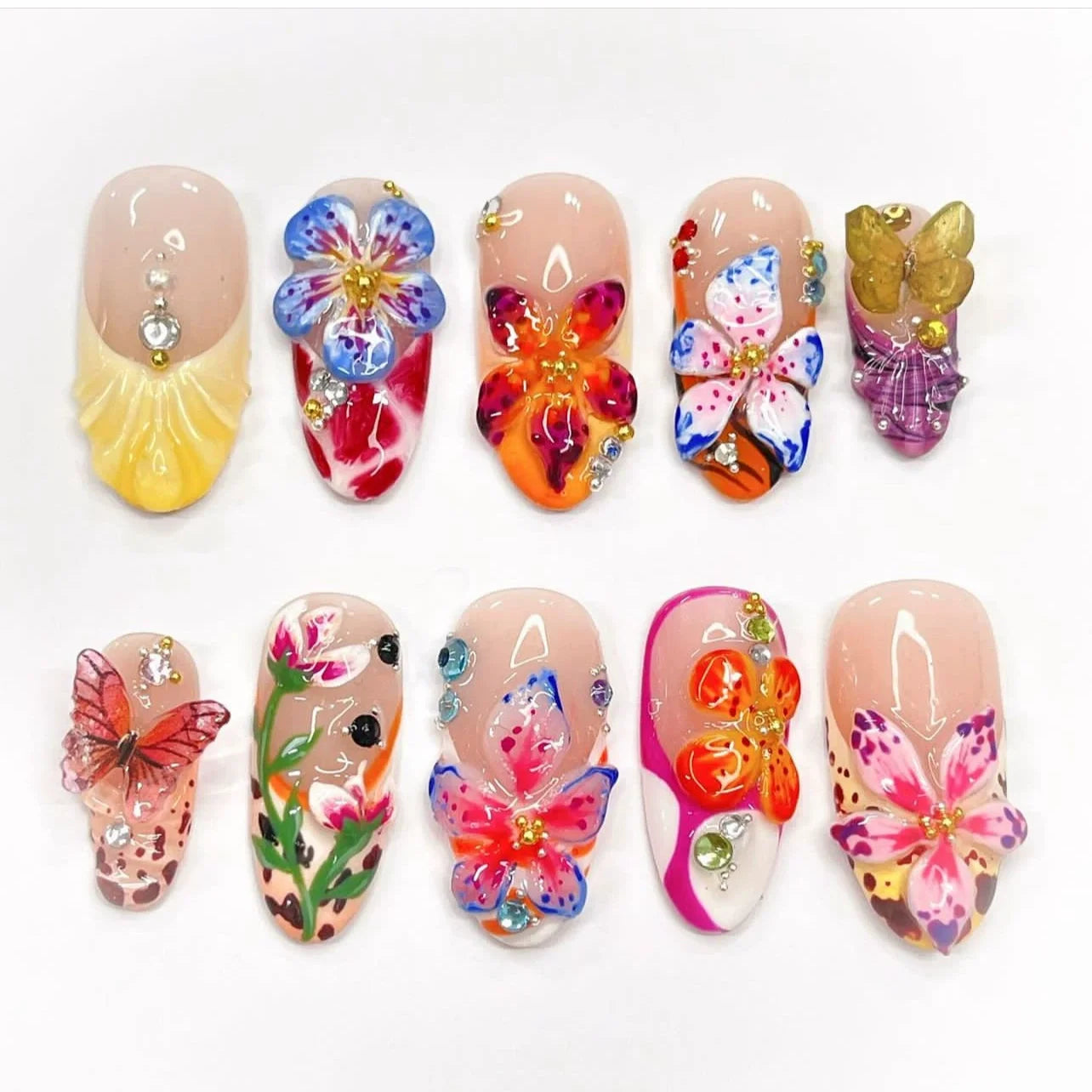 24Pcs Pink Almond False Nails Sweet Summer Fake Nail Cute Flowers Pearl Nails Press Ons Colorful Monet Press on Nails for Girls