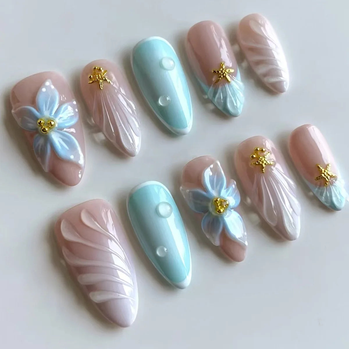 24Pcs Pink Almond False Nails Sweet Summer Fake Nail Cute Flowers Pearl Nails Press Ons Colorful Monet Press on Nails for Girls