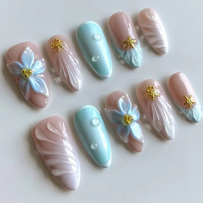 24Pcs Pink Almond False Nails Sweet Summer Fake Nail Cute Flowers Pearl Nails Press Ons Colorful Monet Press on Nails for Girls