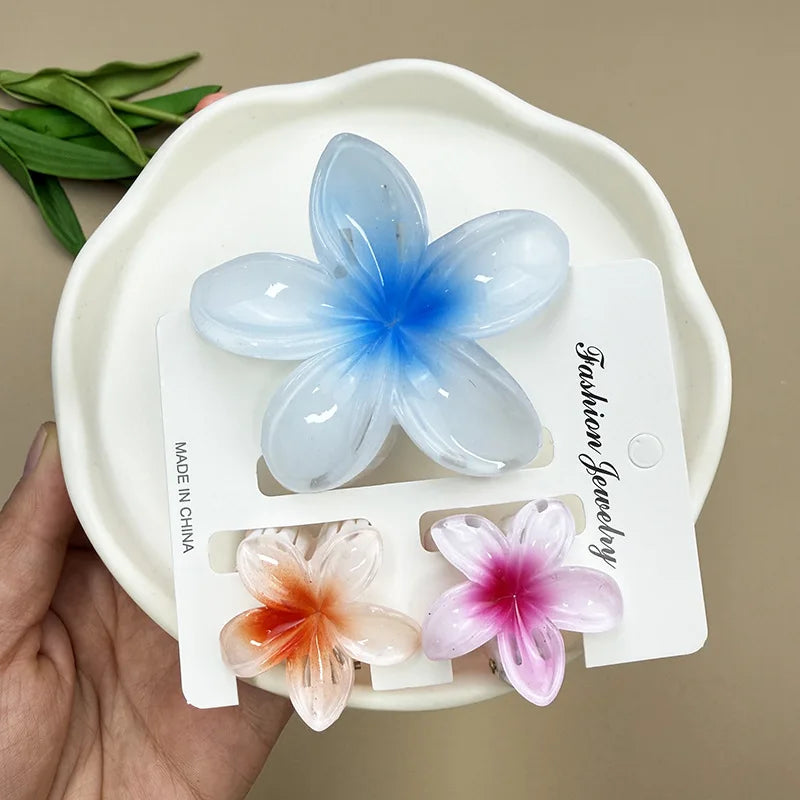 3Pcs Sweet Colorful Plumeria Flower Shark Clip Hair Claw Bohemian Ponytail Clip Plastic Hairpin Barrette Summer Hair Accessories