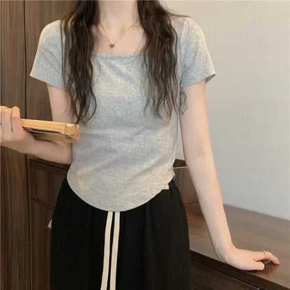 2025 Summer New Korean Style Short Sleeve Women's T-shirt Slimming U-neck Top Direct From Manufacturer Slimming Design Women's