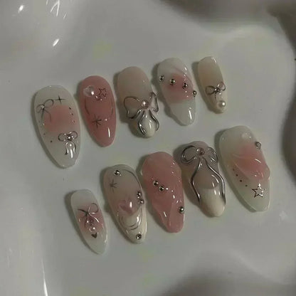 24Pcs Pink Almond False Nails Sweet Summer Fake Nail Cute Flowers Pearl Nails Press Ons Colorful Monet Press on Nails for Girls
