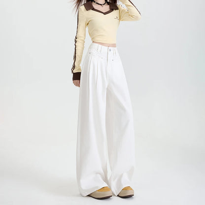 Woman Jeans High Waist Wide Leg Cotton Denim Clothing Design Sense Straight Pant Fashion Comfort White Retro Blue Casual Trouser