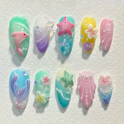 30Pcs Almond False Nails Tips Summer Beach Colorful Nails Sets with Pearl Flower Design Press on Nails Art Wearable Fake Nail