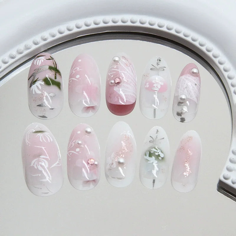 24Pcs Pink Almond False Nails Sweet Summer Fake Nail Cute Flowers Pearl Nails Press Ons Colorful Monet Press on Nails for Girls