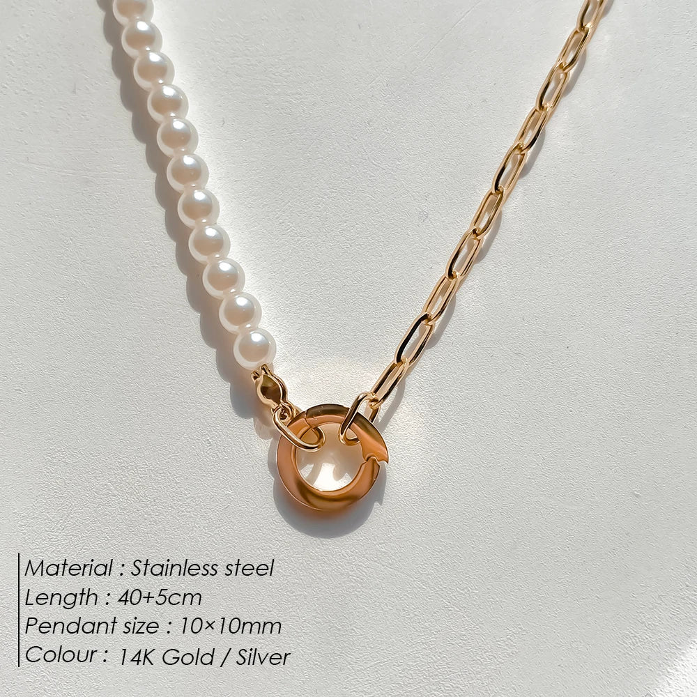 eManco Charm Necklace Heart Lock Link Pearl Chain for Handmade DIY Pendant Accessory Stainless Steel Women's Waterproof Jewelry