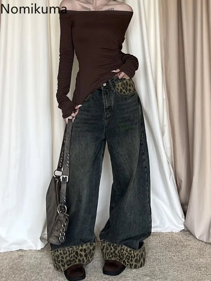 Retro Leopard Print Y2k Jeans for Women Harajuku Wide Leg Pants 2025 New Bottoms Denim Trousers Casual Straight Fashion Trousers