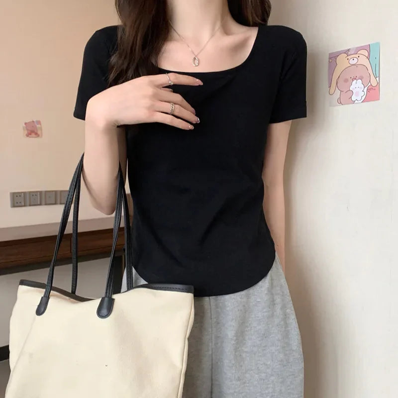 2025 Summer New Korean Style Short Sleeve Women's T-shirt Slimming U-neck Top Direct From Manufacturer Slimming Design Women's